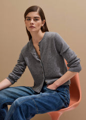 Gray Cashmere Roll Trim Straight Cardigan meandem