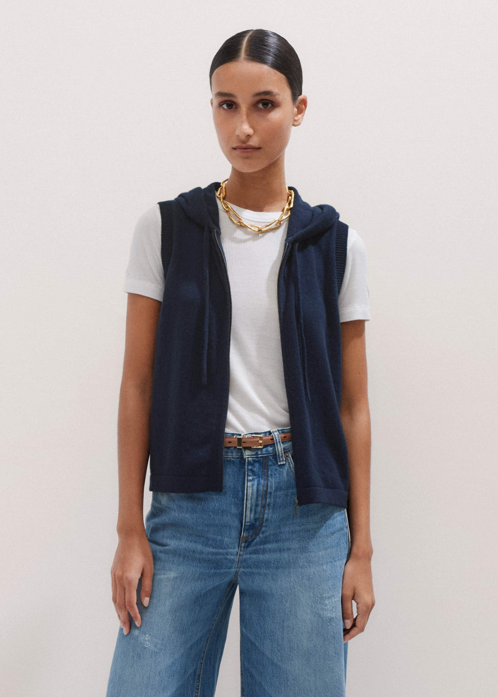 Navy Icon Cashmere Sleeveless Blazer Hoodie | Knitwear meandem