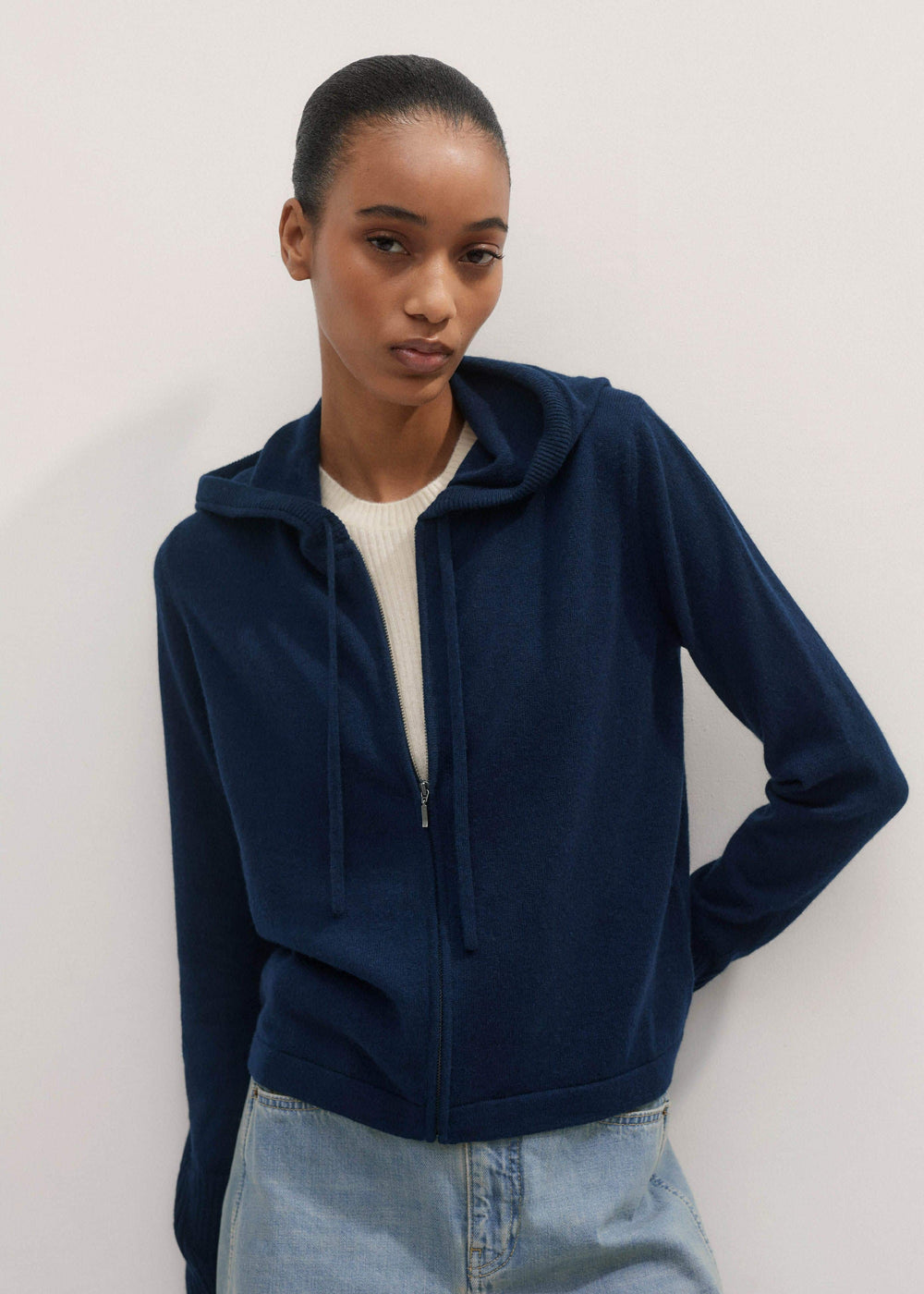 Navy Cashmere Relaxed Fit Box Zip Hoodie meandem