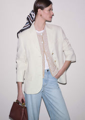 Cream Tweed Knit Pouf Shoulder Textured Crop Jacket meandem