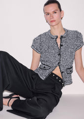 Black Tweed Knit Pouf Sleeve Crop Jacket meandem