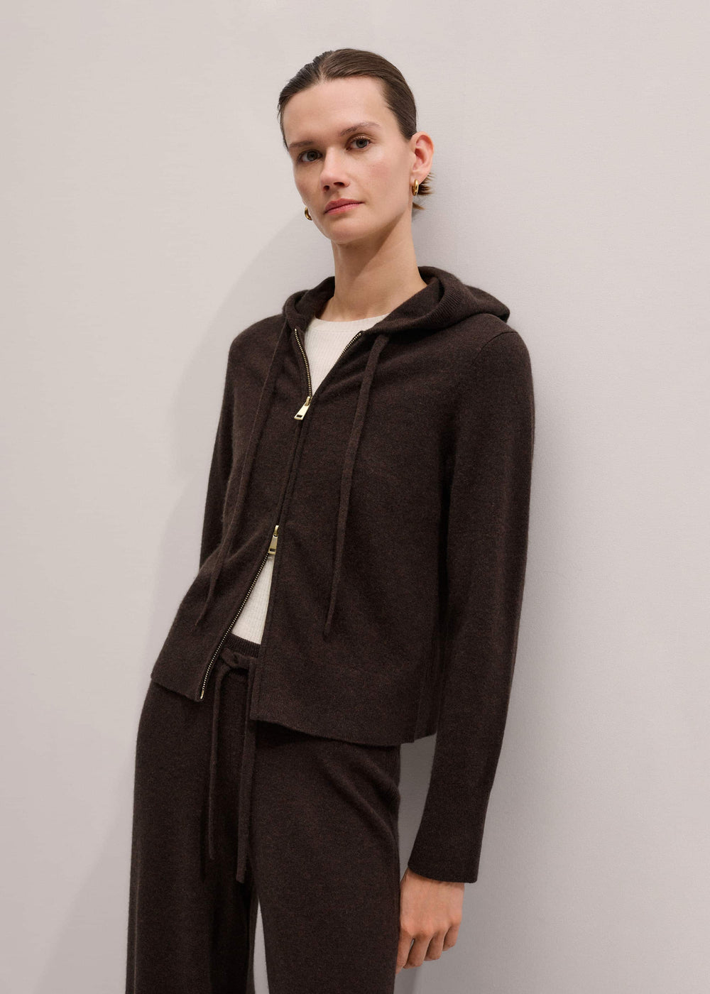 Brown Cashmere Two Way Zip Straight Hoodie meandem