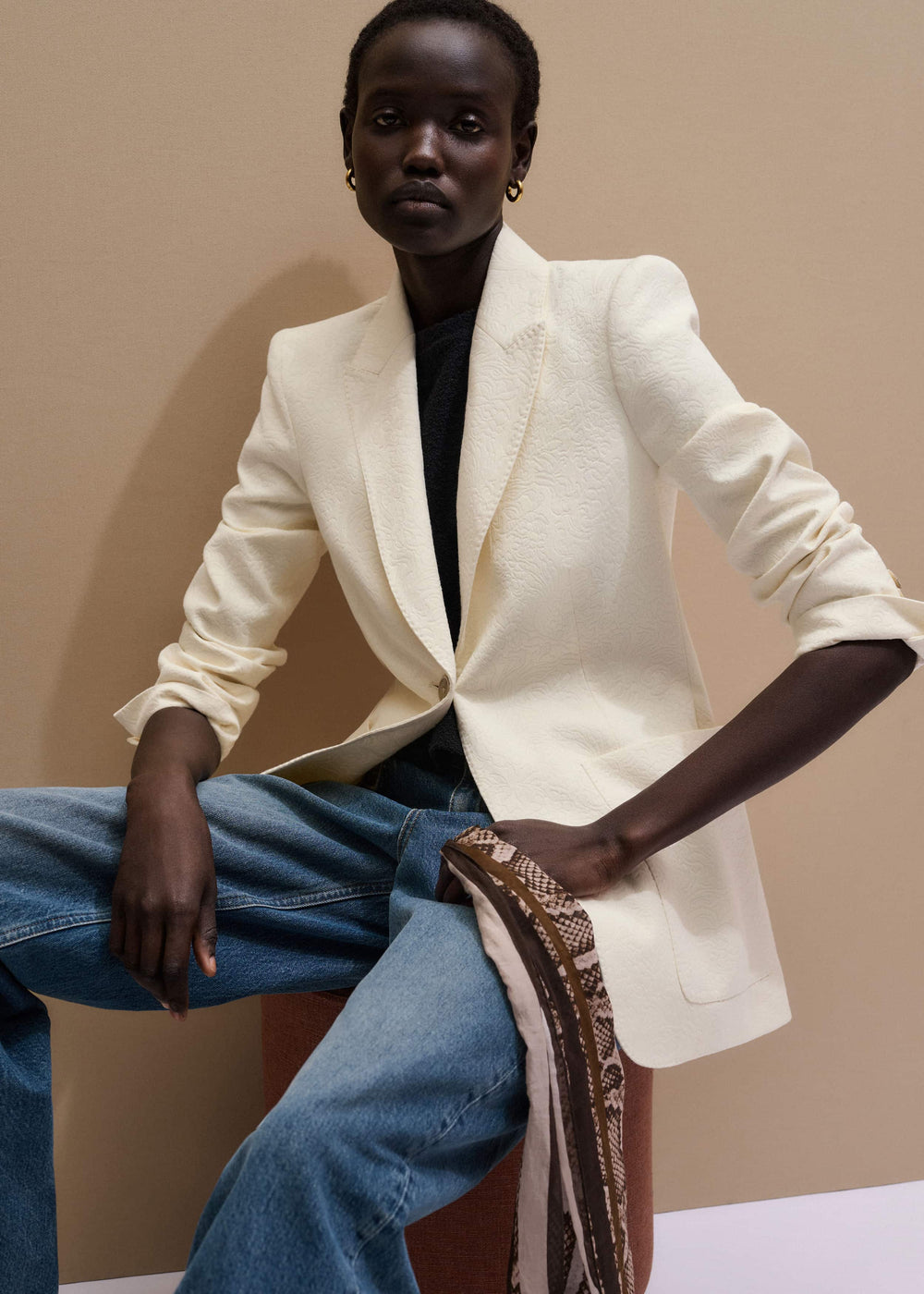 Ivory Luxe Jacquard Sharp Shoulder Blazer meandem