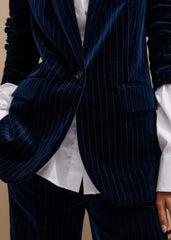 Navy Pinstripe Velvet Sharp Shoulder Blazer meandem