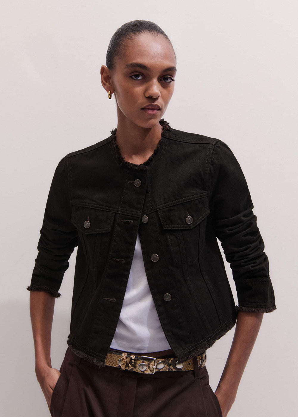 Black Collarless Fray Jacket meandem