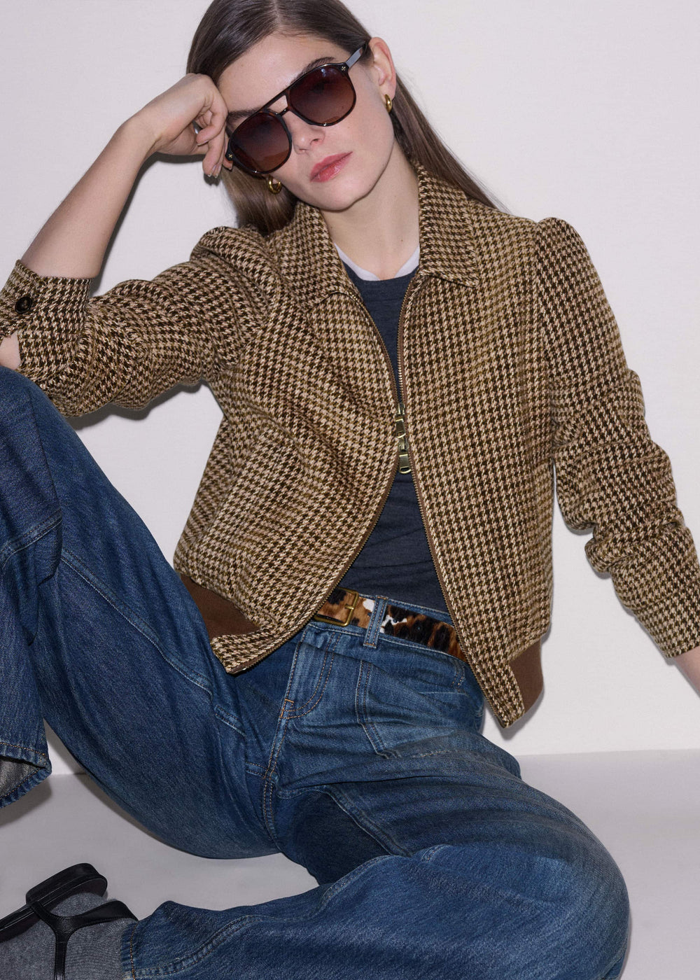 Brown Super Soft Houndstooth Bomber Jacket meandem