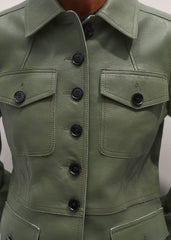 Green Washed Leather Fitted Utility Jacket meandem