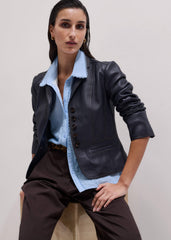 Navy Leather Luxe Short Fitted Blazer meandem