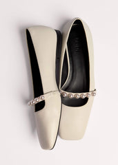 Off White Faux Pearl Square Toe Ballerina Flat meandem