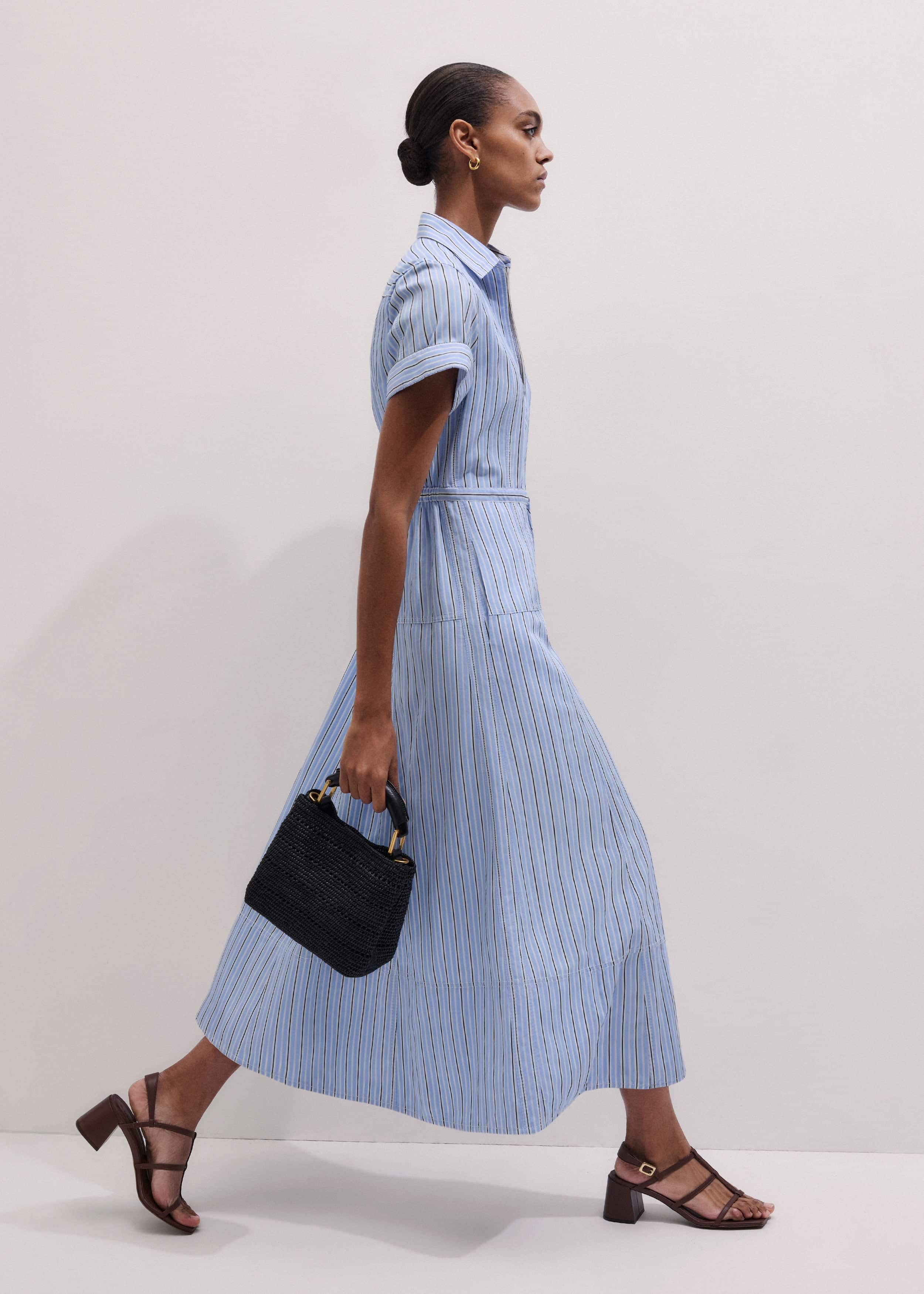 Blue Drawstring Waist Zip Neck Maxi Shirt Dress meandem