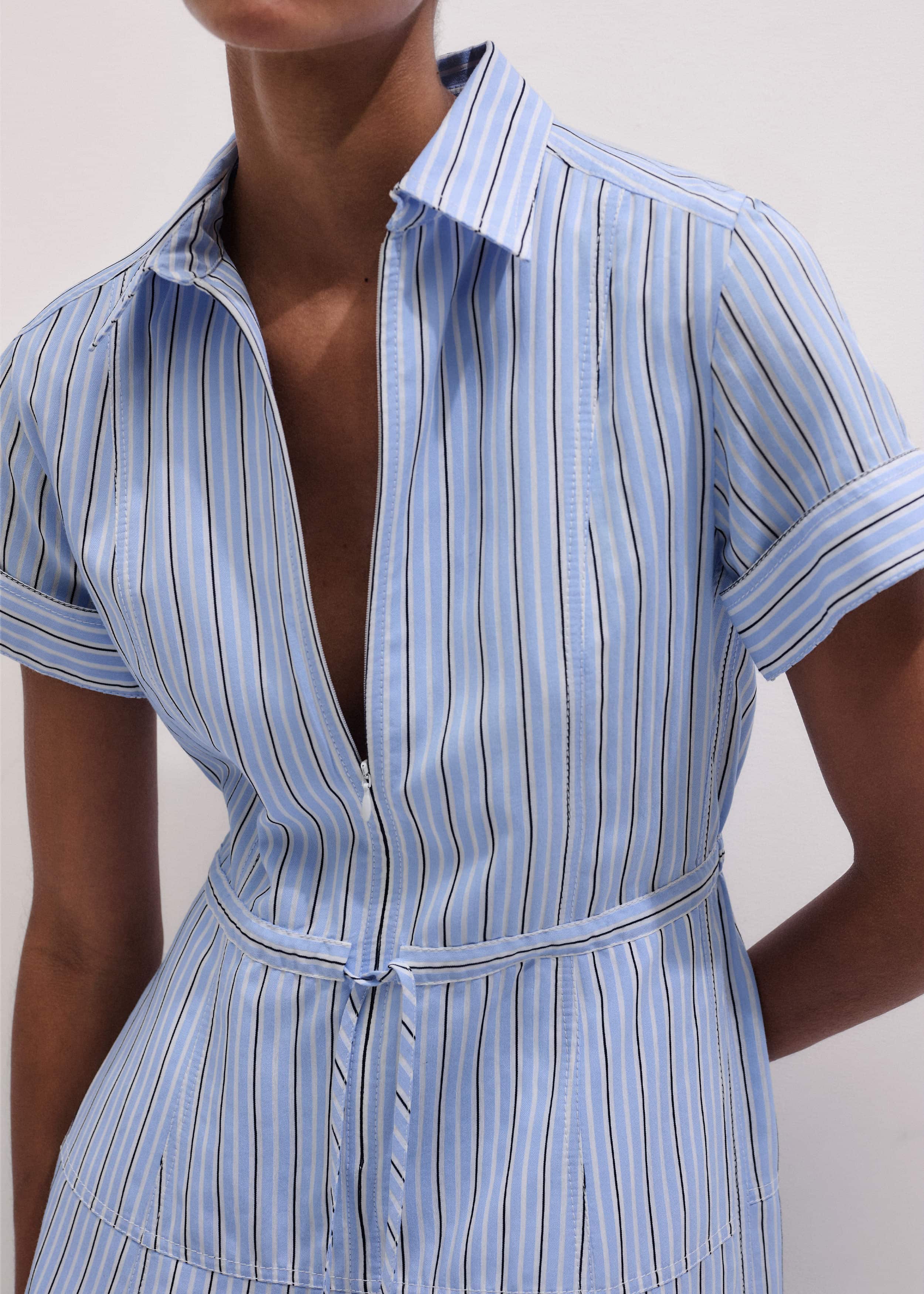 Blue Drawstring Waist Zip Neck Maxi Shirt Dress meandem