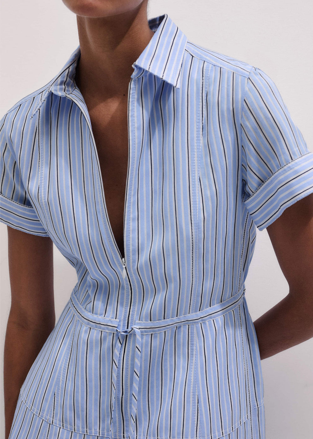 Blue Drawstring Waist Zip Neck Maxi Shirt Dress meandem