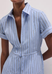 Blue Drawstring Waist Zip Neck Maxi Shirt Dress meandem