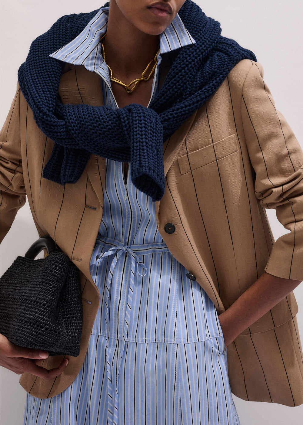 Blue Drawstring Waist Zip Neck Maxi Shirt Dress meandem