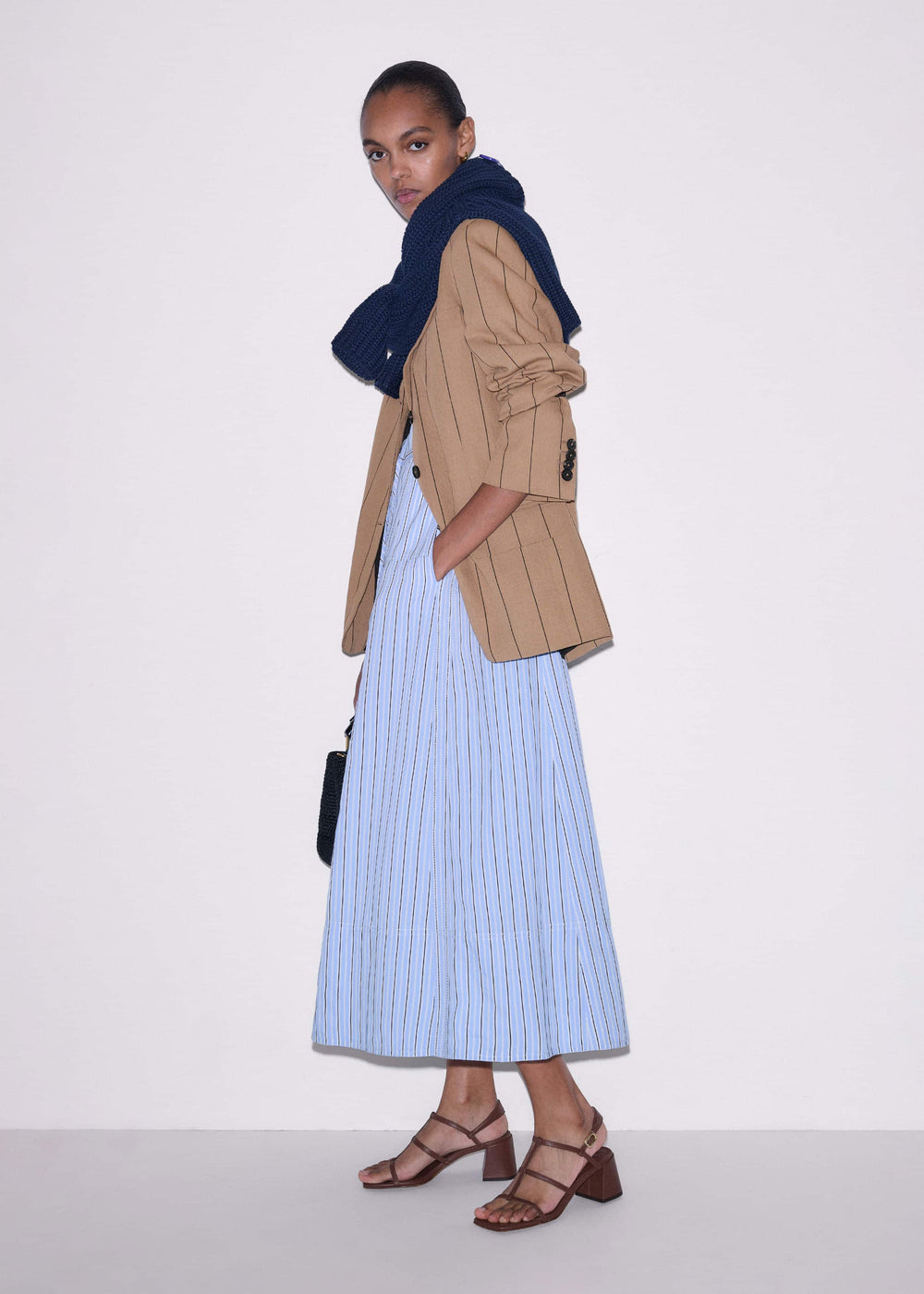 Blue Drawstring Waist Zip Neck Maxi Shirt Dress meandem