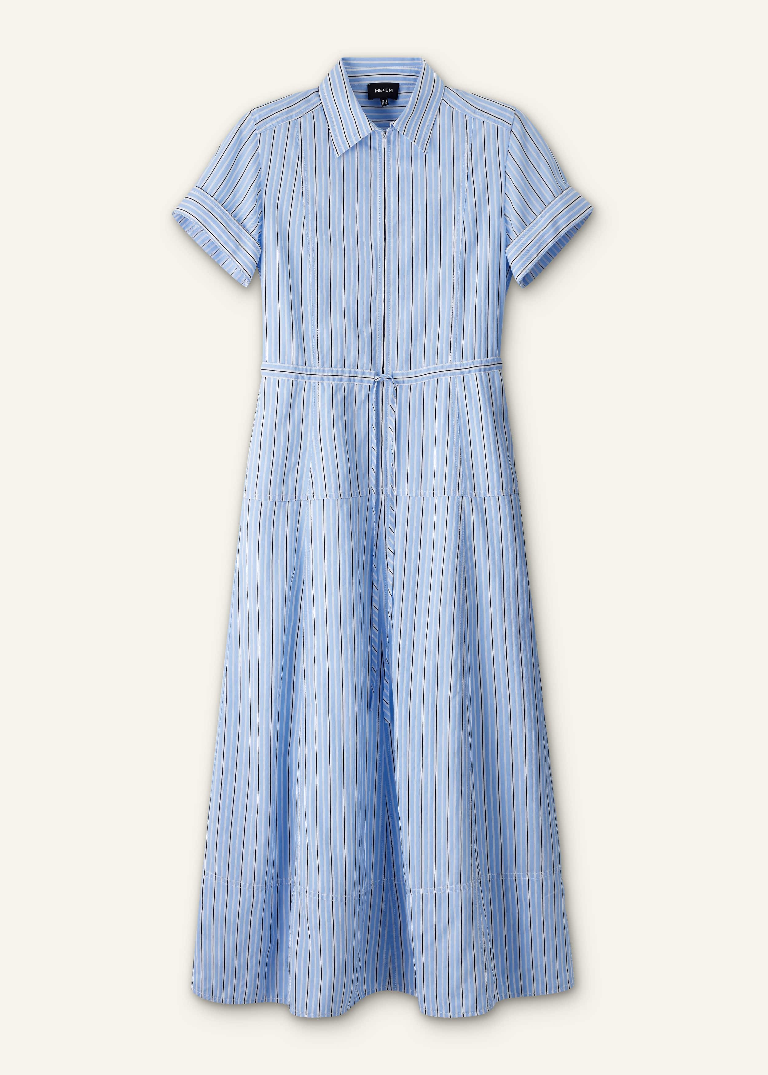 Blue Drawstring Waist Zip Neck Maxi Shirt Dress meandem