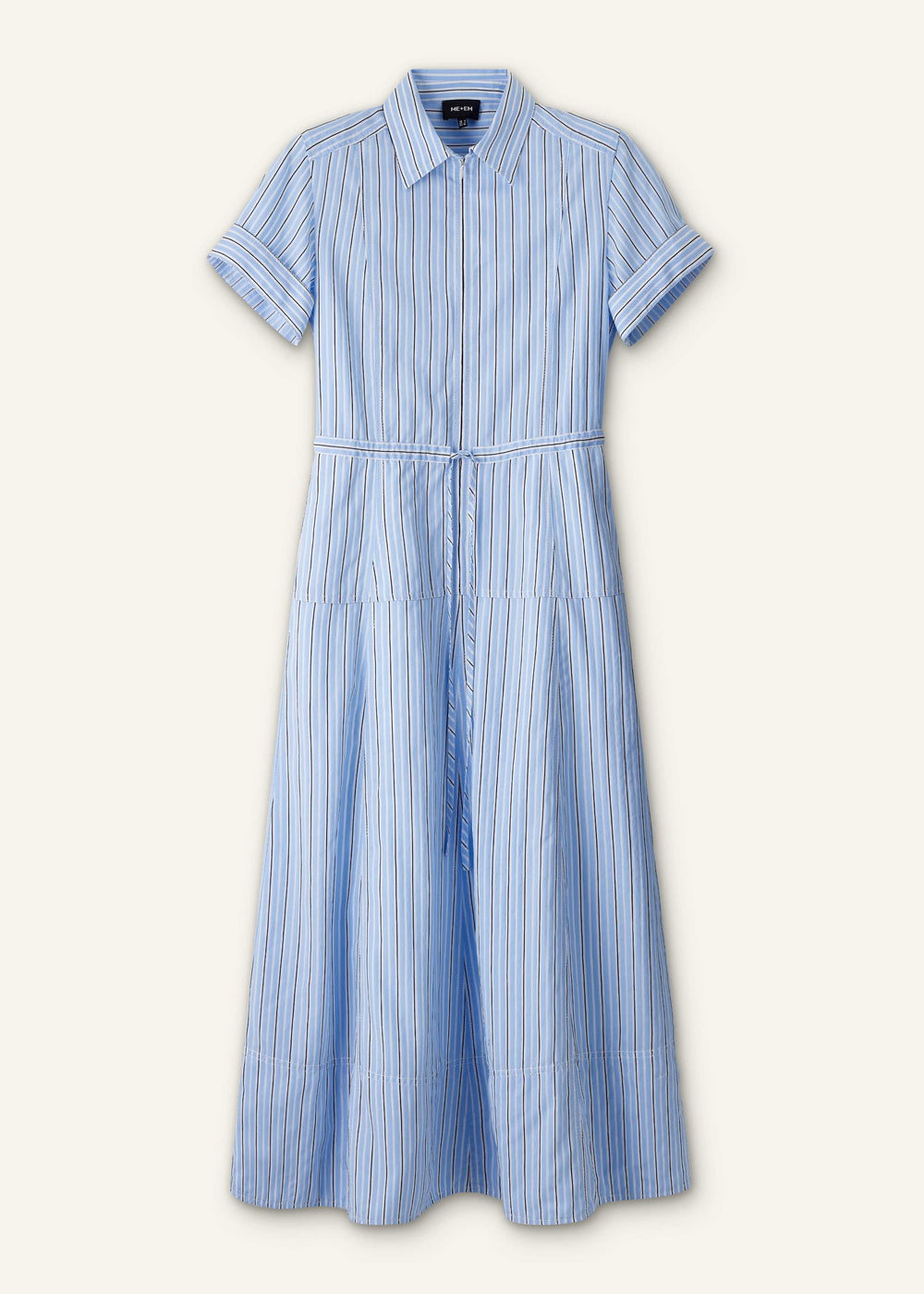 Blue Drawstring Waist Zip Neck Maxi Shirt Dress meandem
