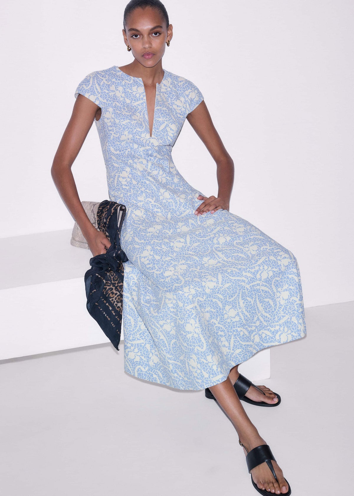 Blue Speckled Bloom Print Fit+Flare Maxi Dress meandem