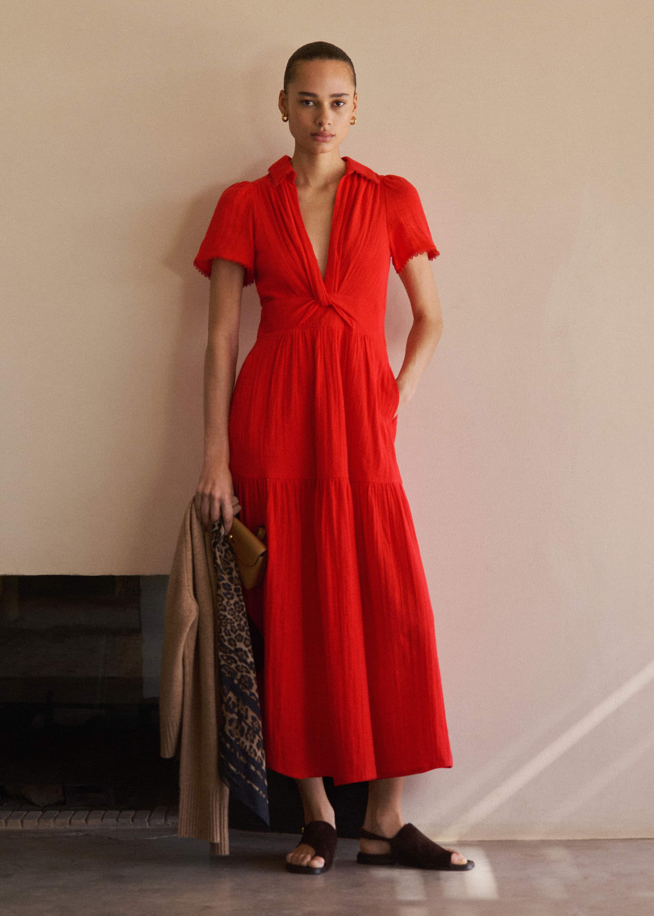Red Cheesecloth Twist Detail Fit + Flare Maxi Dress meandem