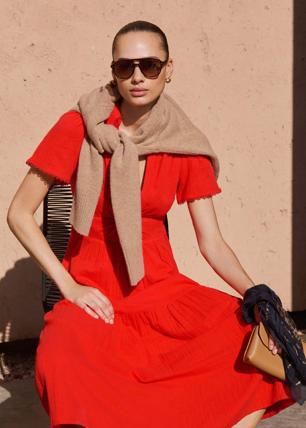 Red Cheesecloth Twist Detail Fit + Flare Maxi Dress meandem