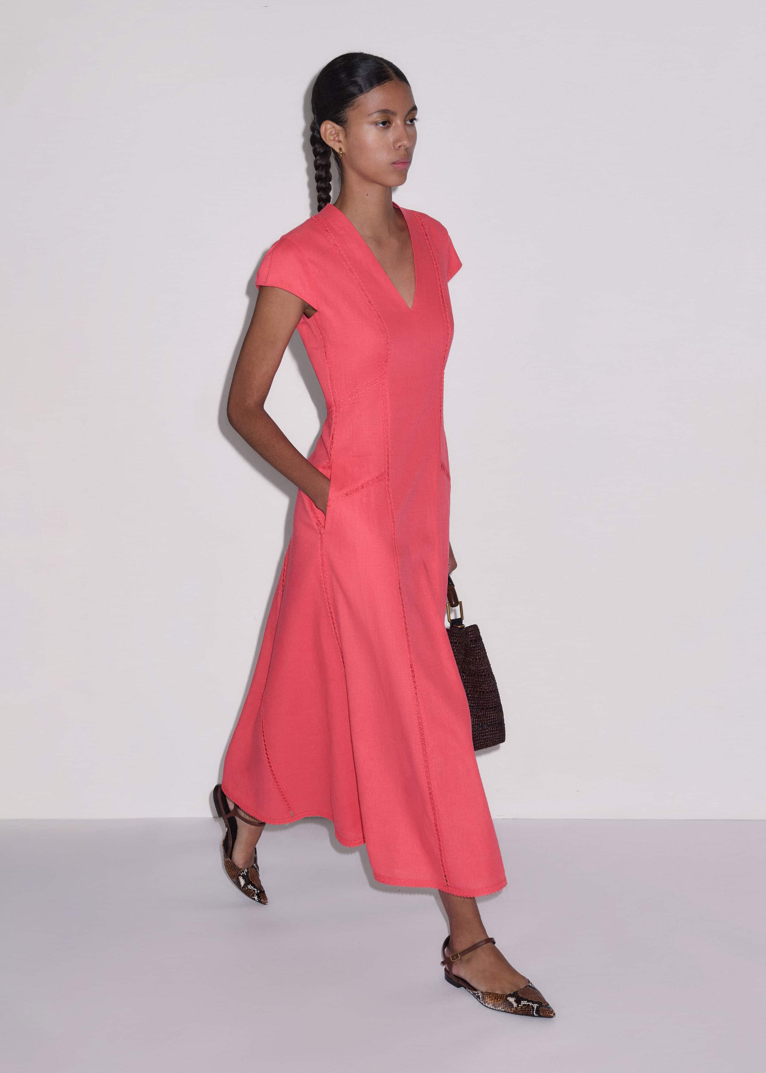 Pink Crease-Less Linen Embroidered Maxi Dress meandem