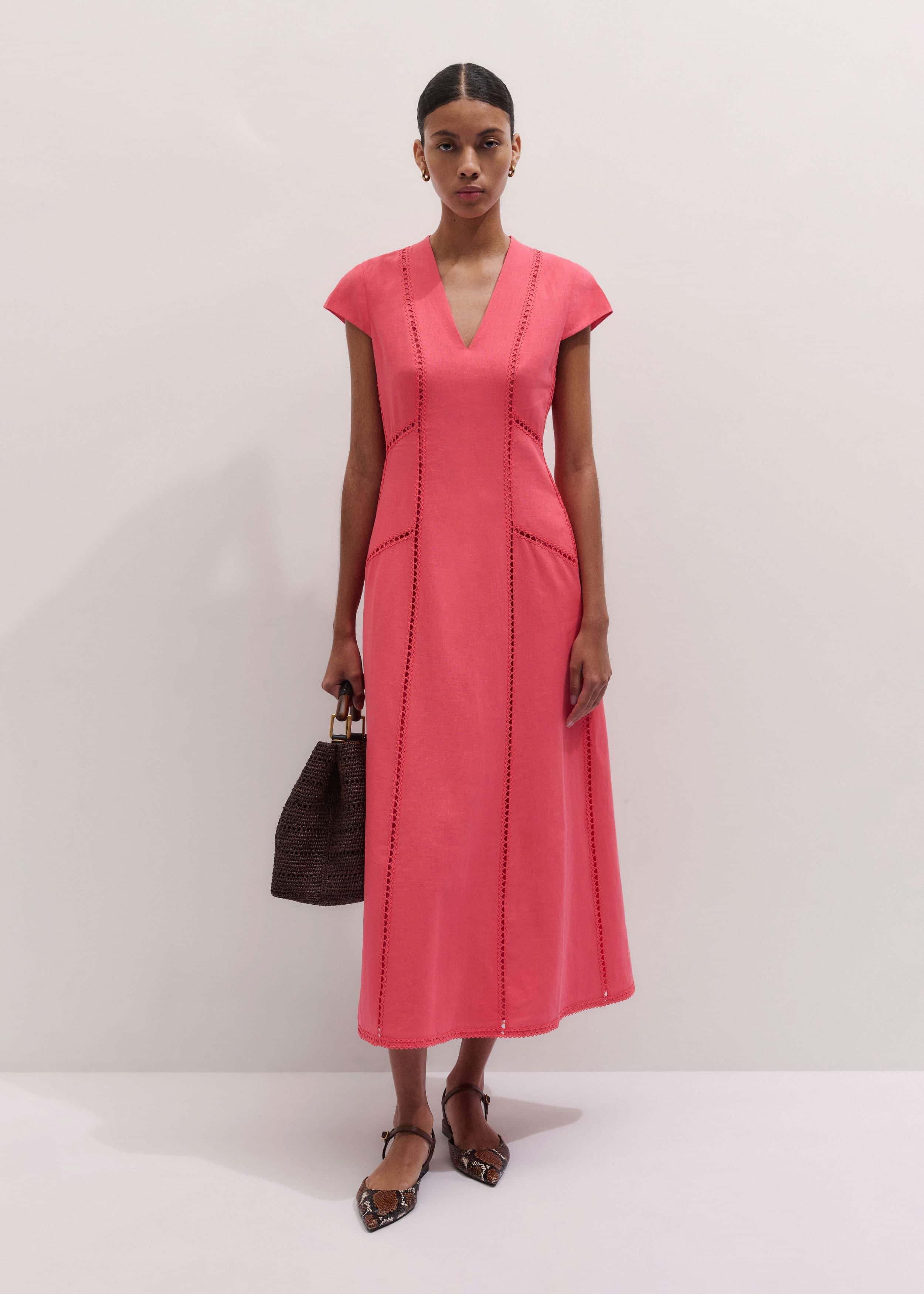 Pink Crease-Less Linen Embroidered Maxi Dress meandem