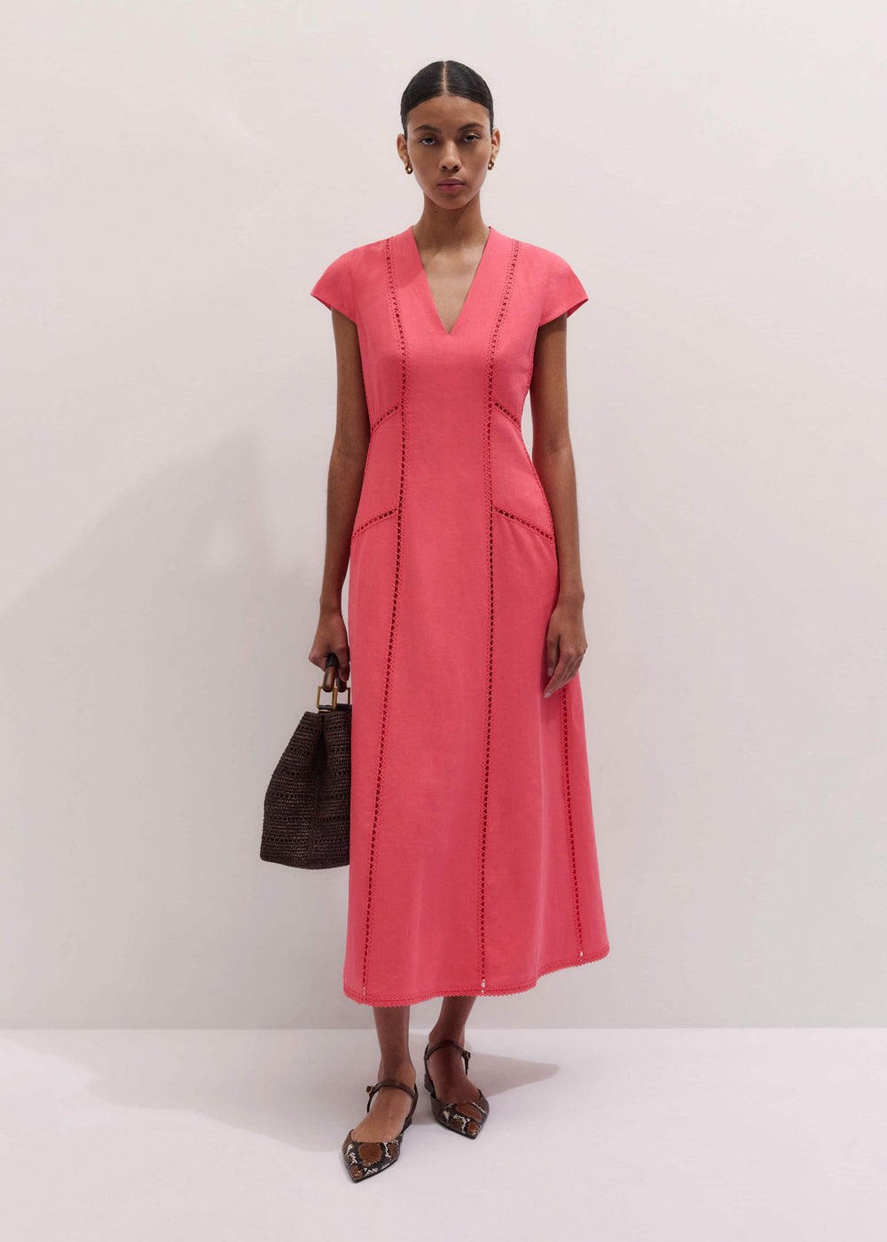 Pink Crease-Less Linen Embroidered Maxi Dress meandem