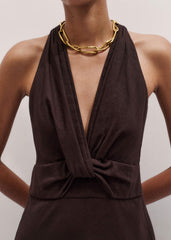 Brown Crease-Less Linen Twist Front Maxi Dress meandem