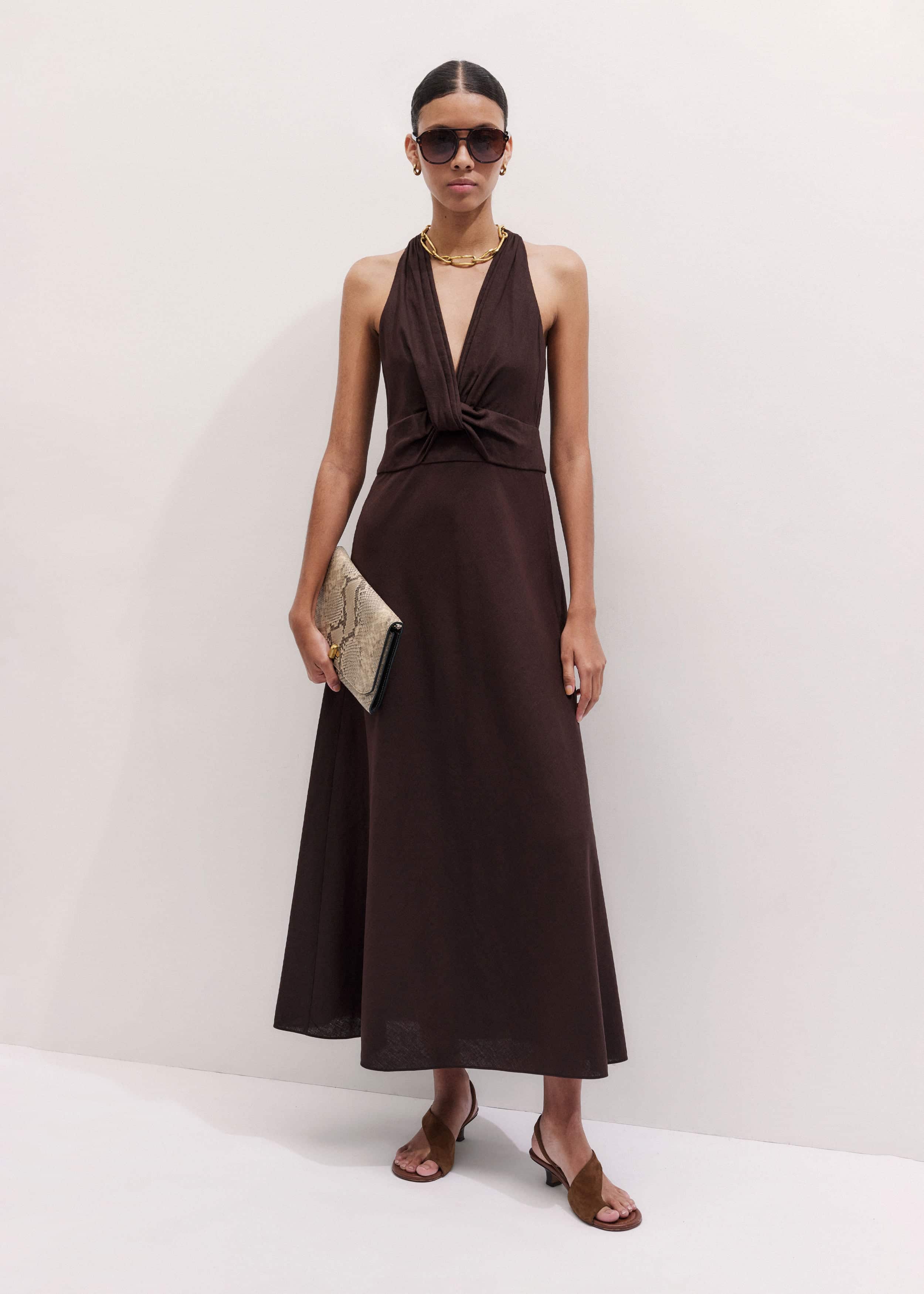 Brown Crease-Less Linen Twist Front Maxi Dress meandem
