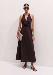 Brown Crease-Less Linen Twist Front Maxi Dress meandem