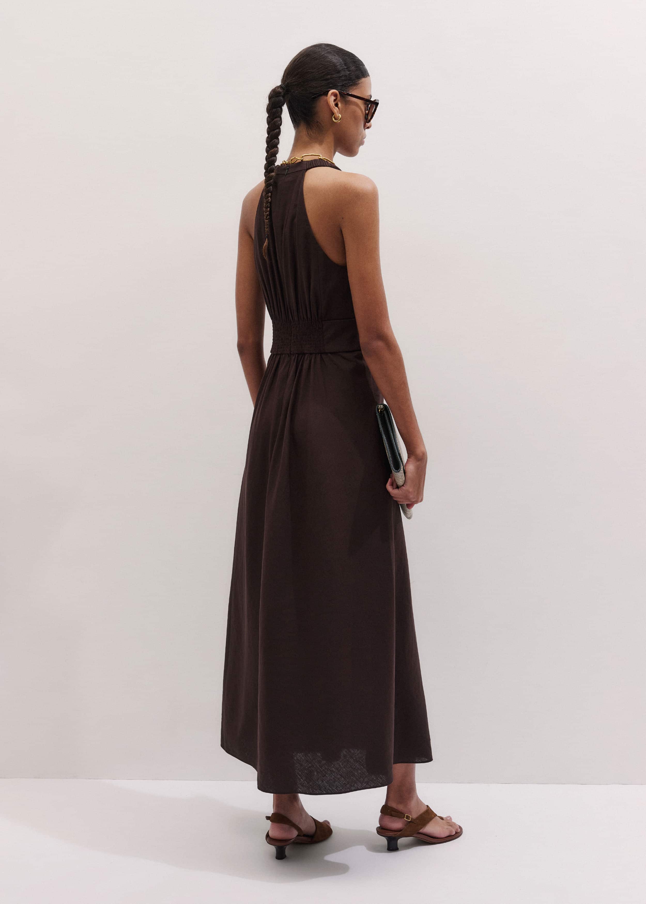 Brown Crease-Less Linen Twist Front Maxi Dress meandem