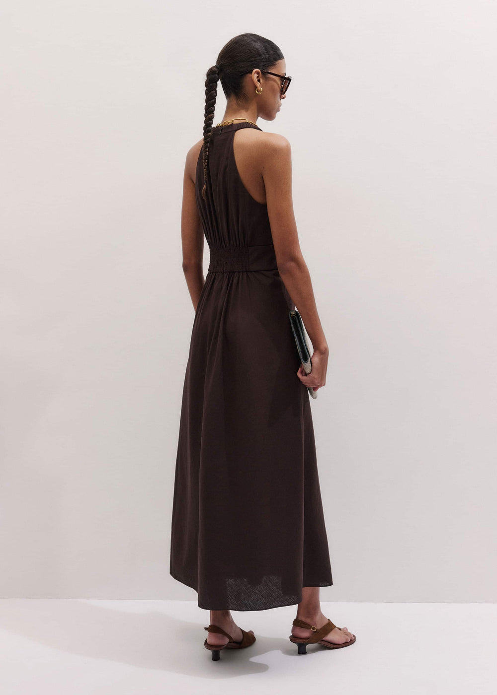 Brown Crease-Less Linen Twist Front Maxi Dress meandem