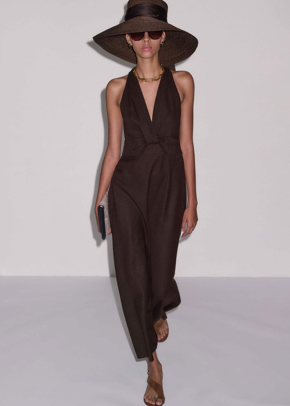 Brown Crease-Less Linen Twist Front Maxi Dress meandem