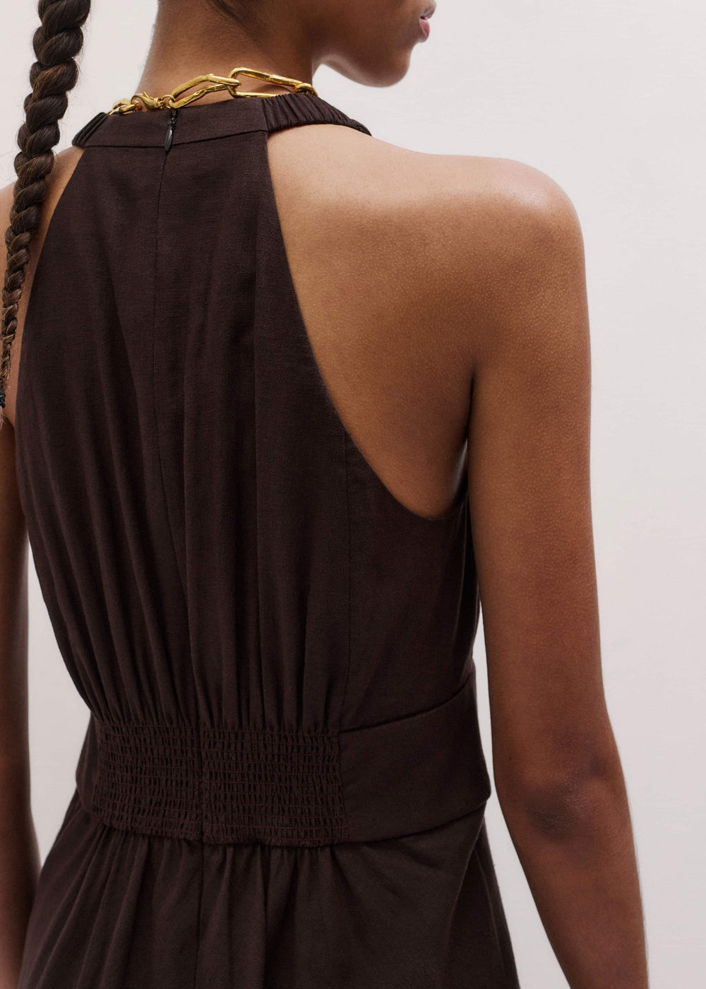 Brown Crease-Less Linen Twist Front Maxi Dress meandem