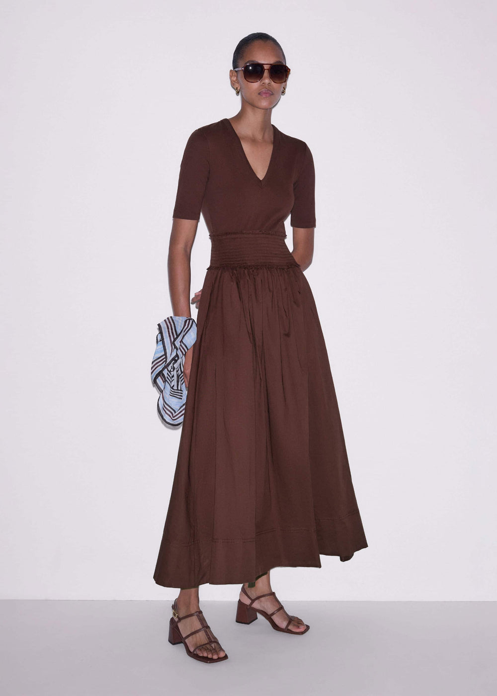Cinnamon V-Neck Smocked Skirt Mixed Media Maxi Dress meandem