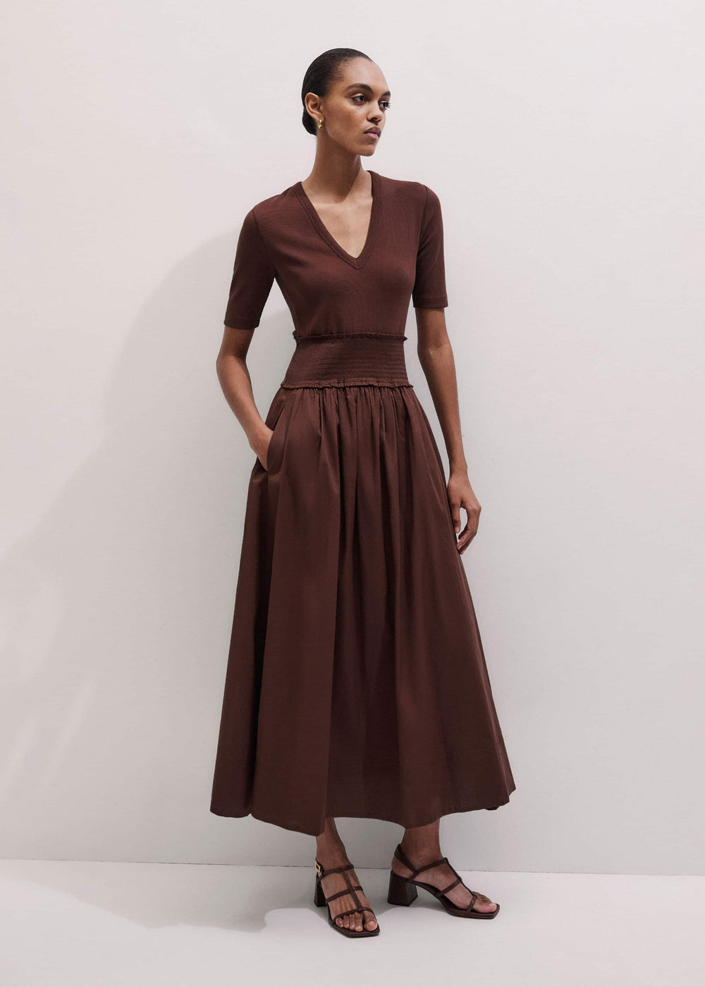 Cinnamon V-Neck Smocked Skirt Mixed Media Maxi Dress meandem