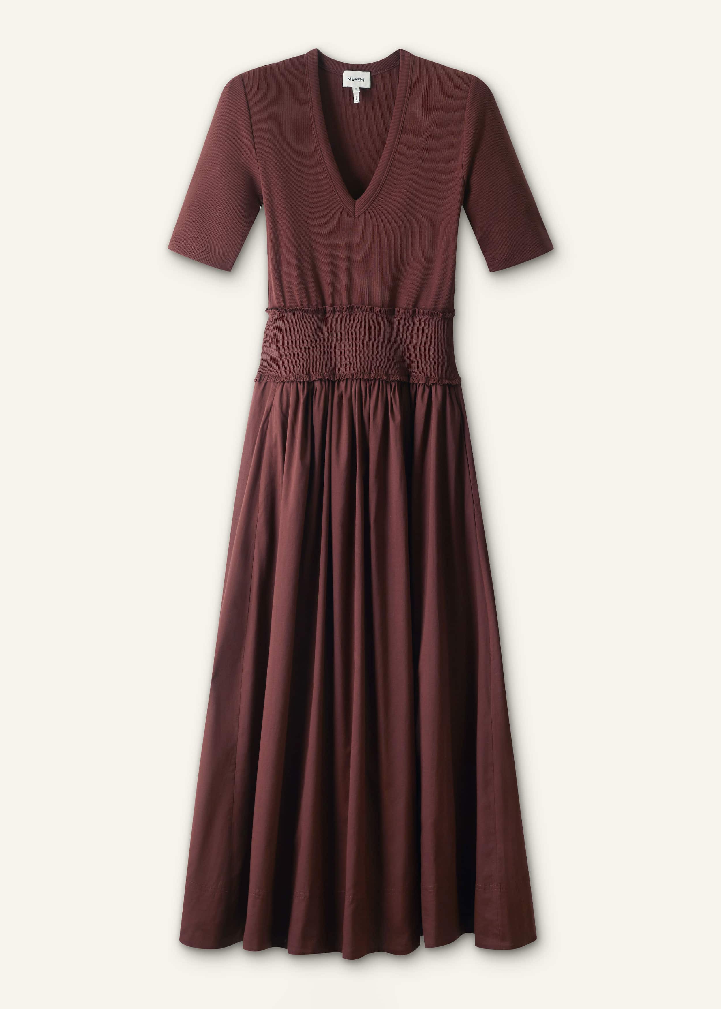 Cinnamon V-Neck Smocked Skirt Mixed Media Maxi Dress meandem