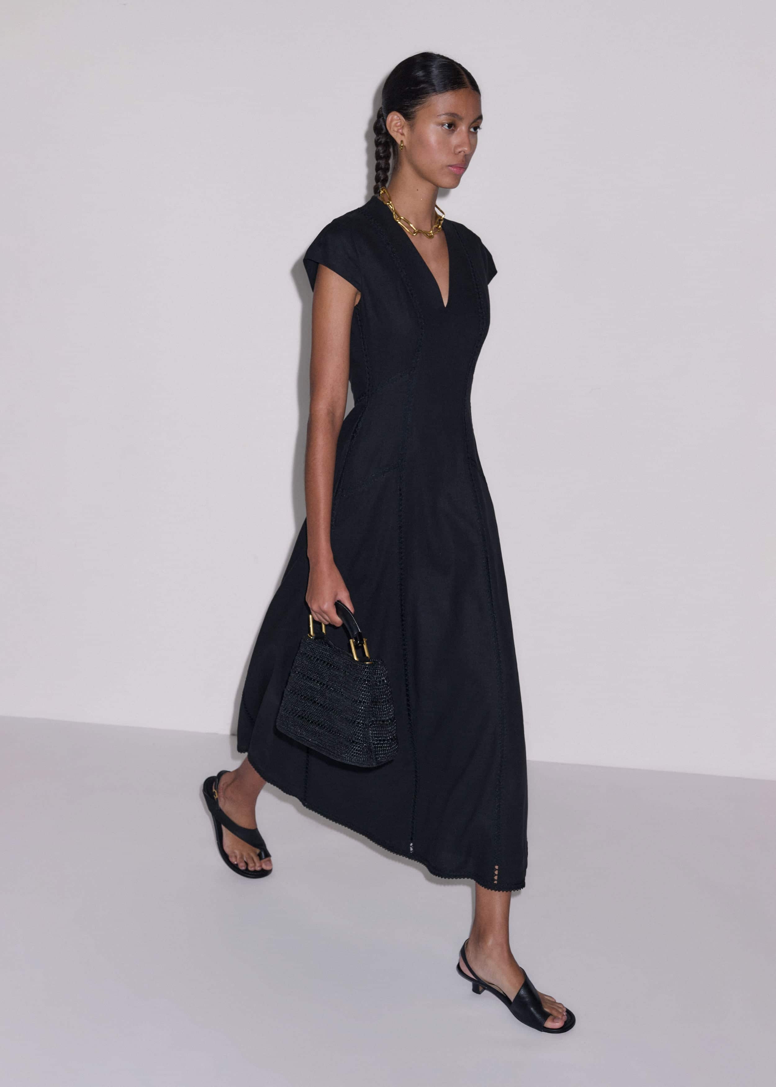 Black Crease-Less Linen Embroidered Maxi Dress meandem