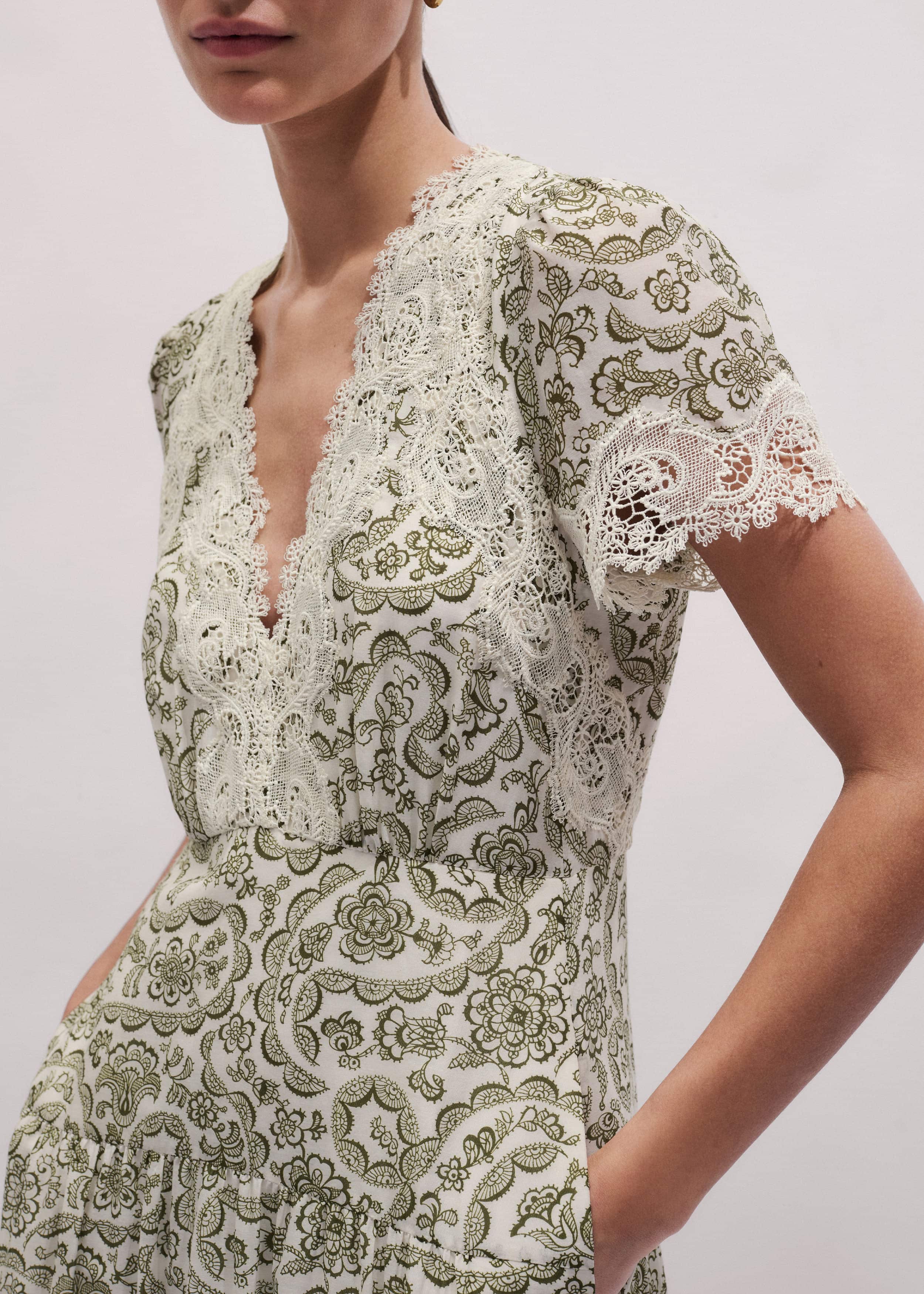 Green Silk Cotton Lace Trim Maxi Dress meandem