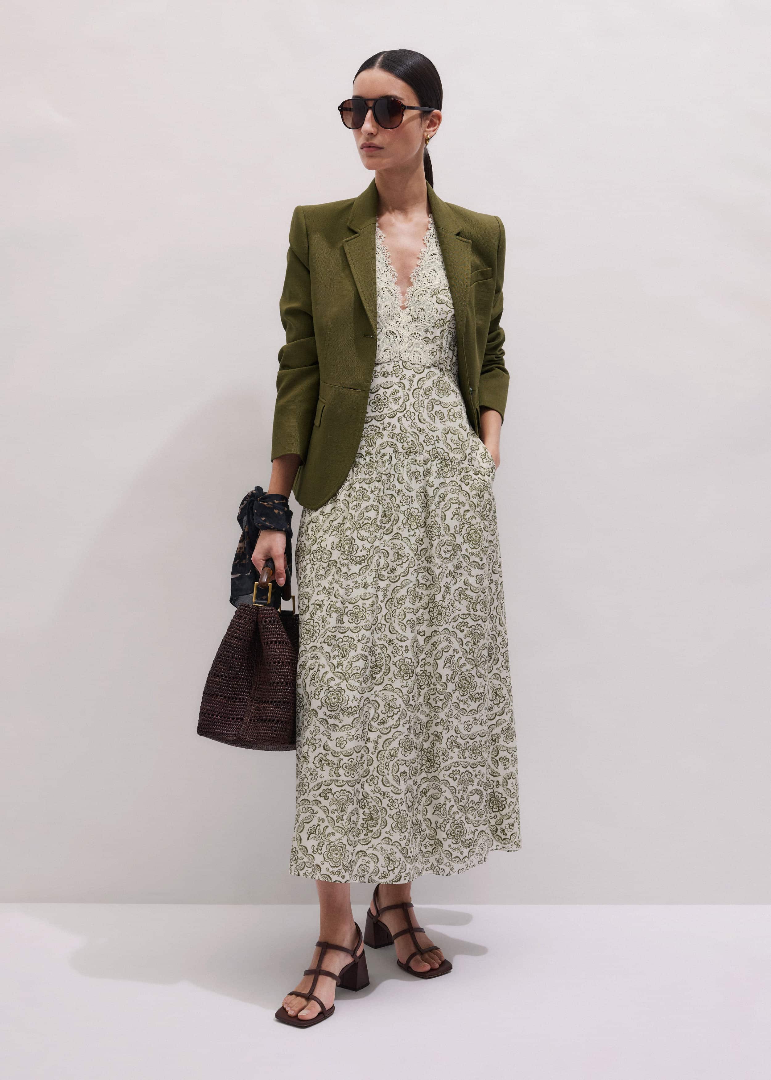 Green Silk Cotton Lace Trim Maxi Dress meandem