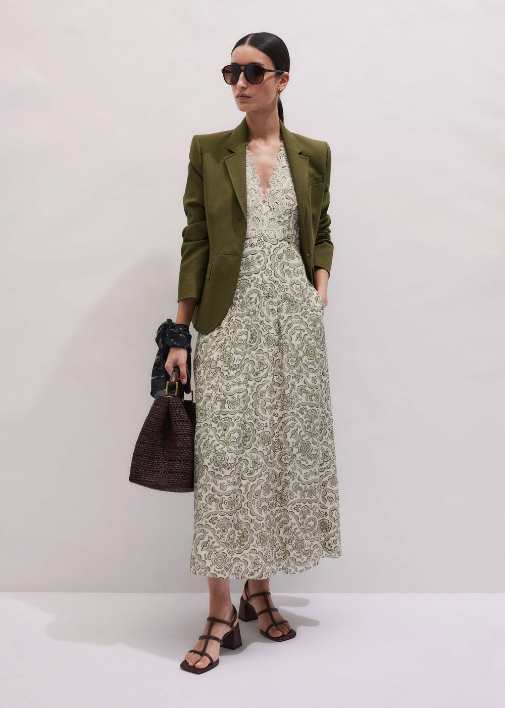 Green Silk Cotton Lace Trim Maxi Dress meandem