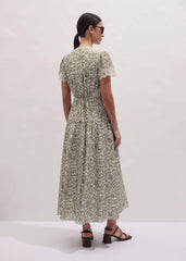 Green Silk Cotton Lace Trim Maxi Dress meandem