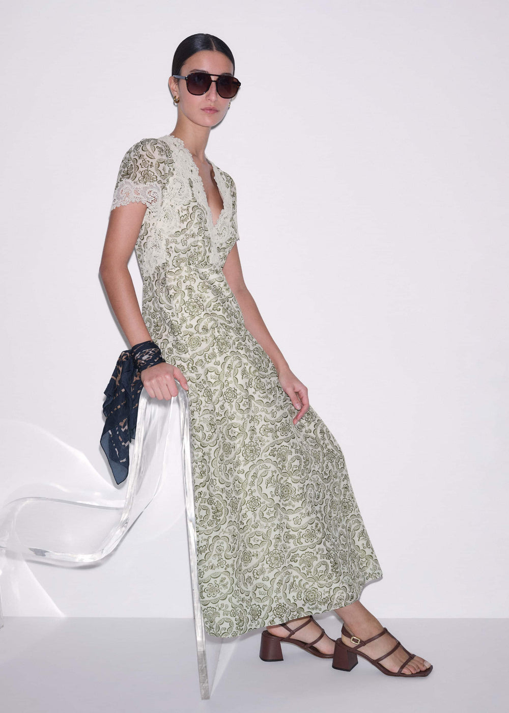 Green Silk Cotton Lace Trim Maxi Dress meandem