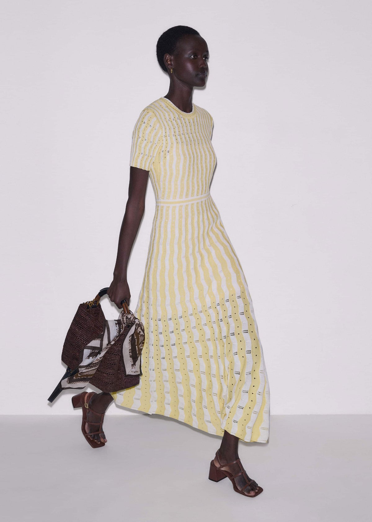 Yellow Textured Pointelle Stripe Knit Maxi Dress meandem