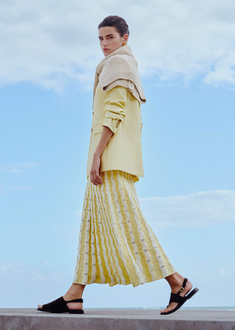 Yellow Textured Pointelle Stripe Knit Maxi Dress meandem