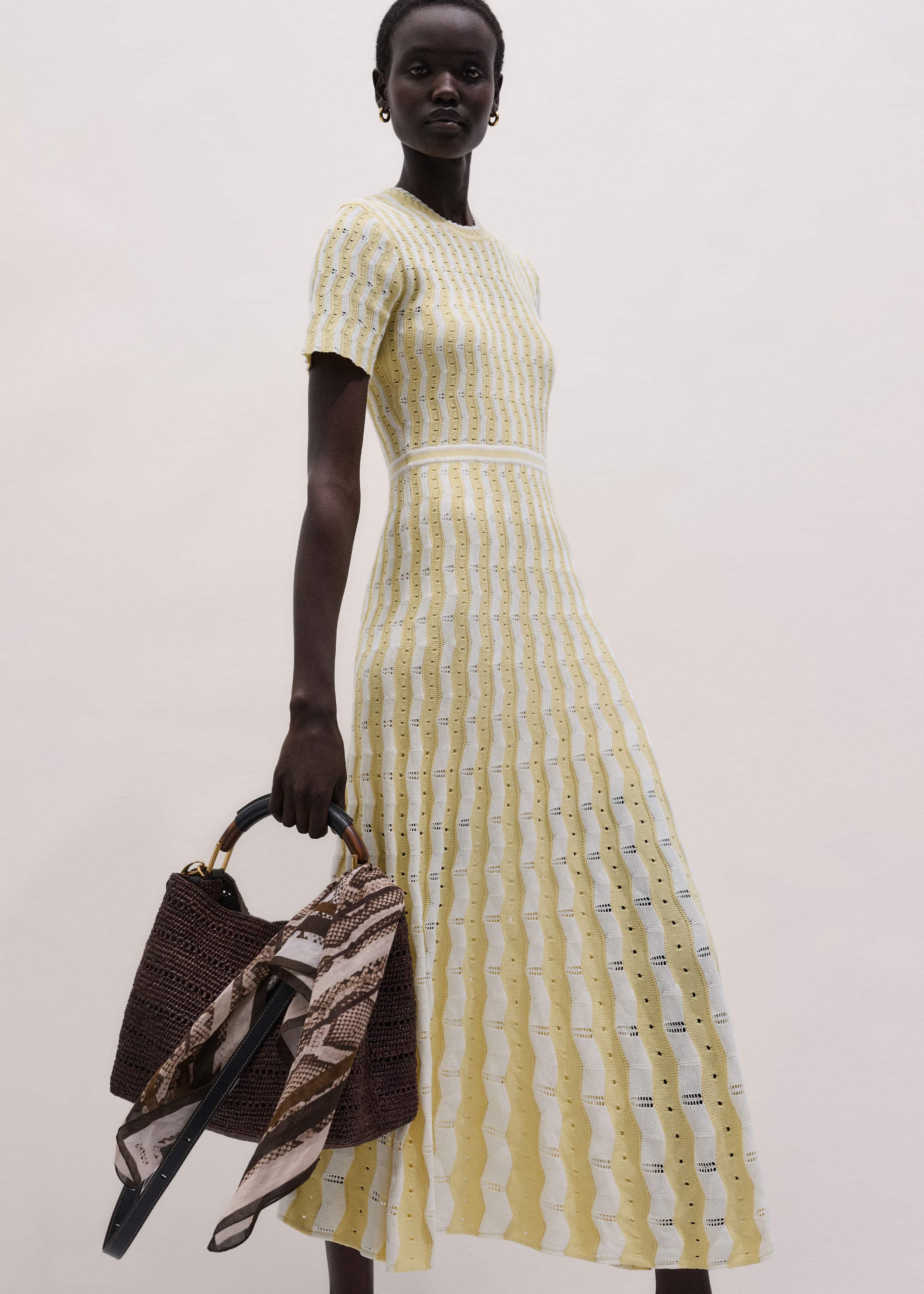 Yellow Textured Pointelle Stripe Knit Maxi Dress meandem