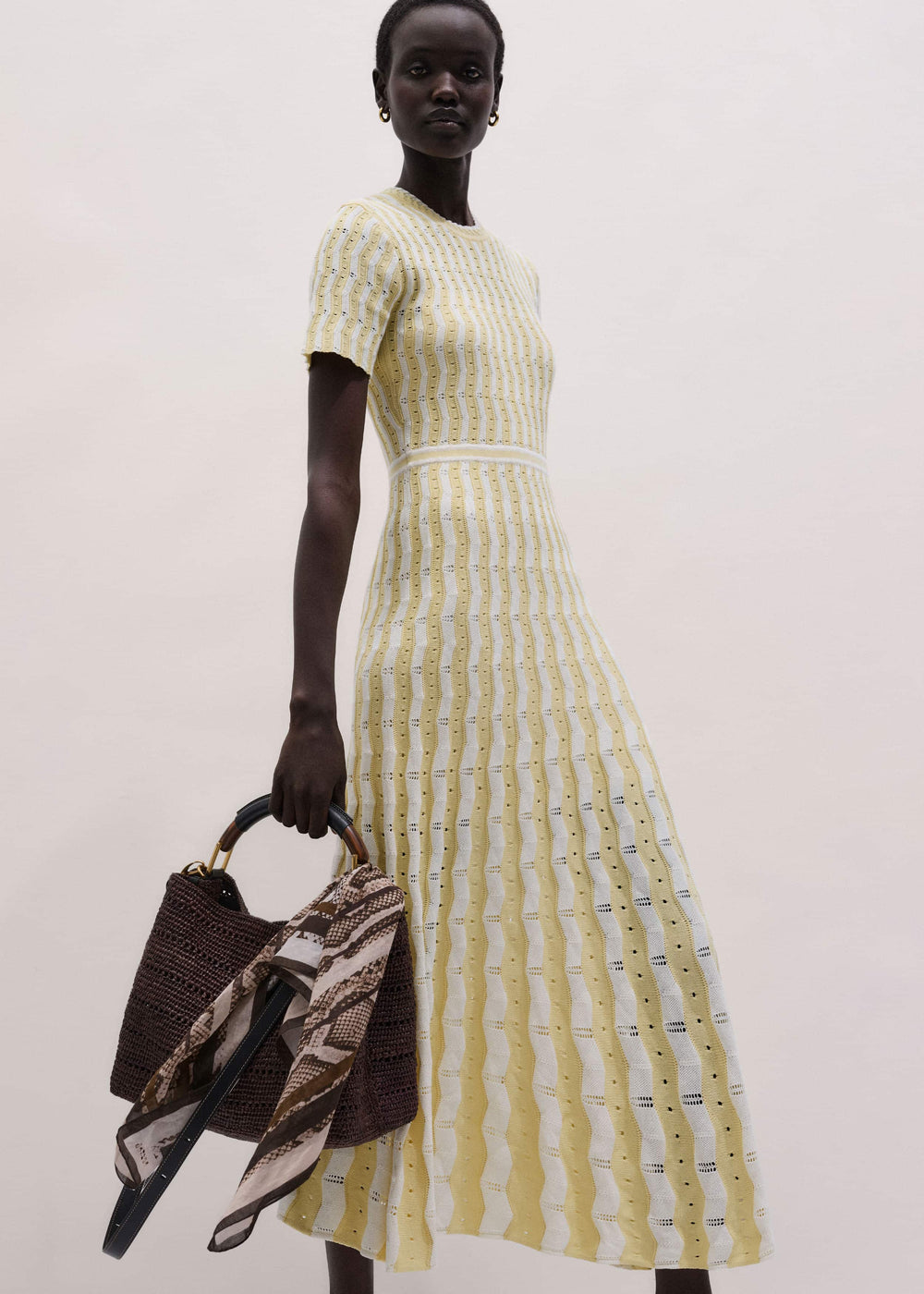 Yellow Textured Pointelle Stripe Knit Maxi Dress meandem
