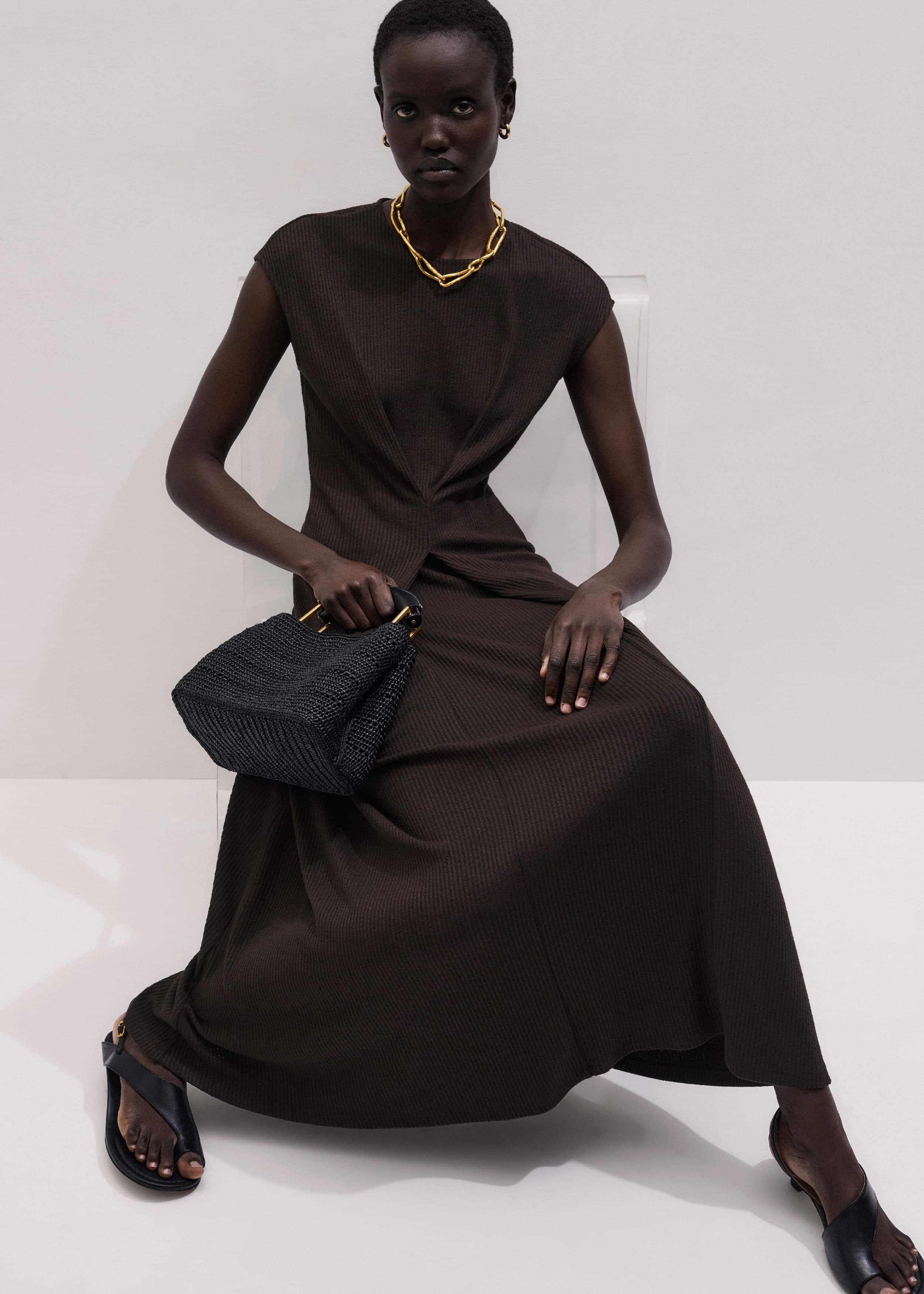 Brown Draped Waist Clever Pleat Maxi Dress meandem