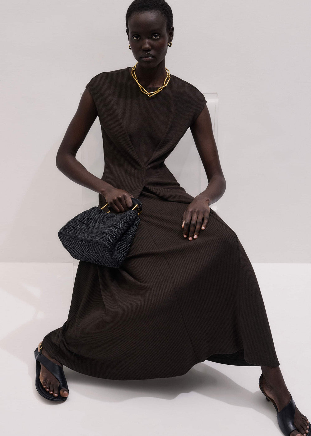 Brown Draped Waist Clever Pleat Maxi Dress meandem