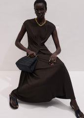 Brown Draped Waist Clever Pleat Maxi Dress meandem
